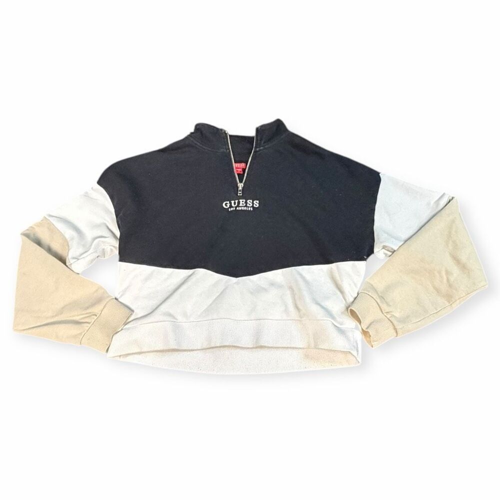 GUESS Women’s Black Cream Beige Long Sleeve Quarter Zip Sweatshirt Size Large